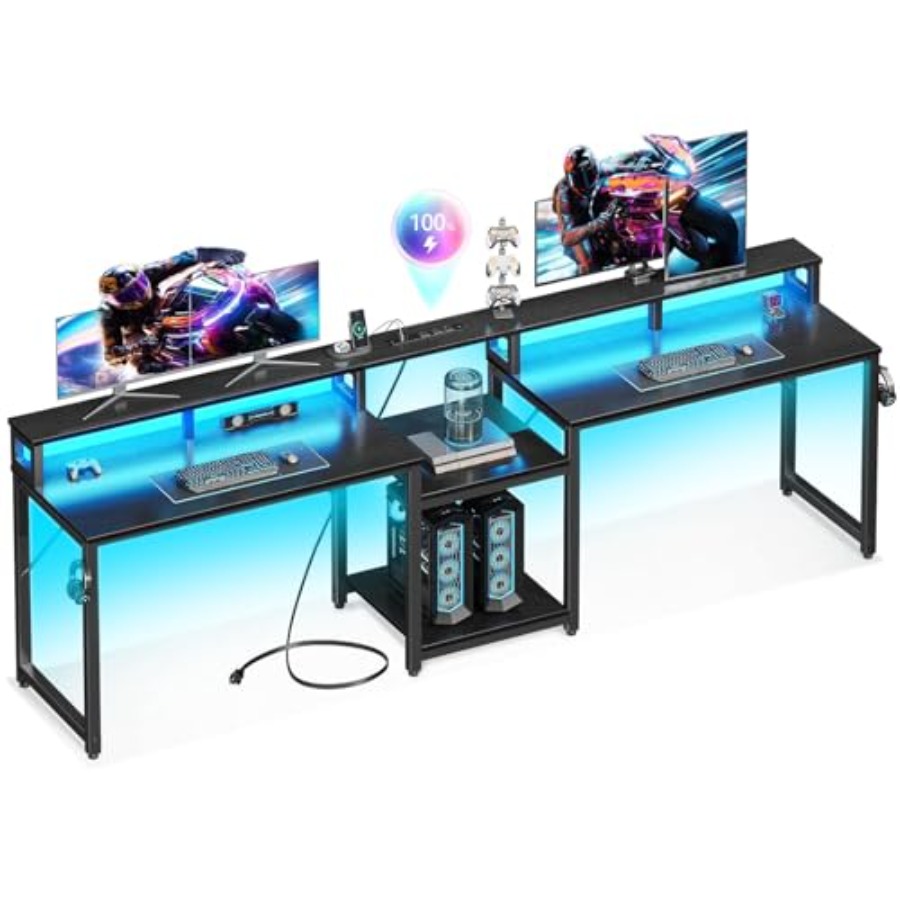 Desk Setup Black And Wood - โต๊ะสำหรับเล่นเกมสำหรับ 2 คน ความยาว 98 นิ้ว
