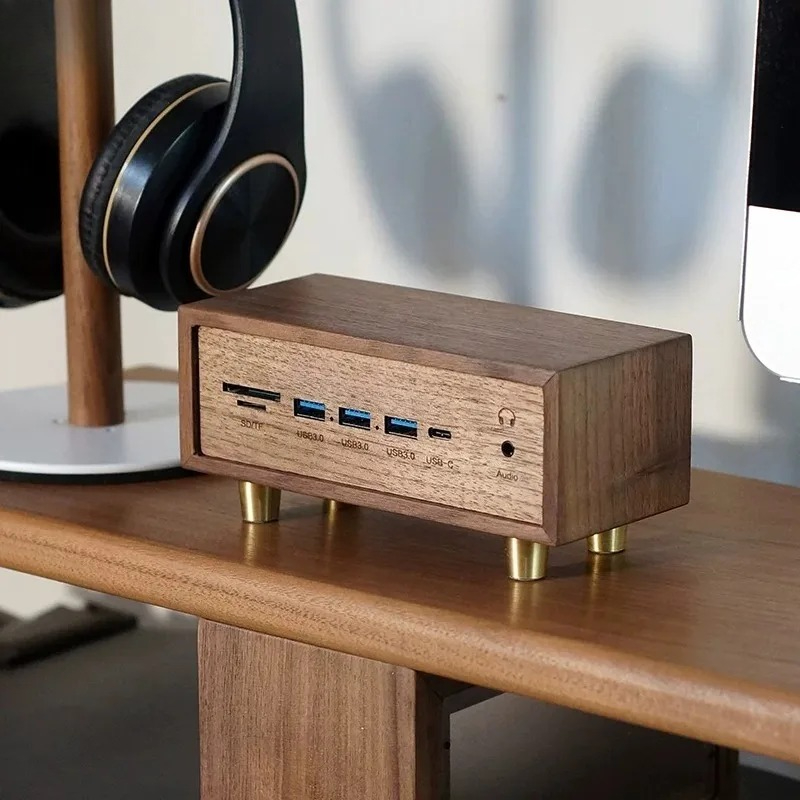 Desk Setup Black And Wood - ชุดโต๊ะทำงานสร้างสรรค์ ไม้เนื้อแข็งวอลนัทสีดำ พร้อมพอร์ต USB3.0 สำหรับคอมพิวเตอร์, เครื่องอ่านการ์ด,