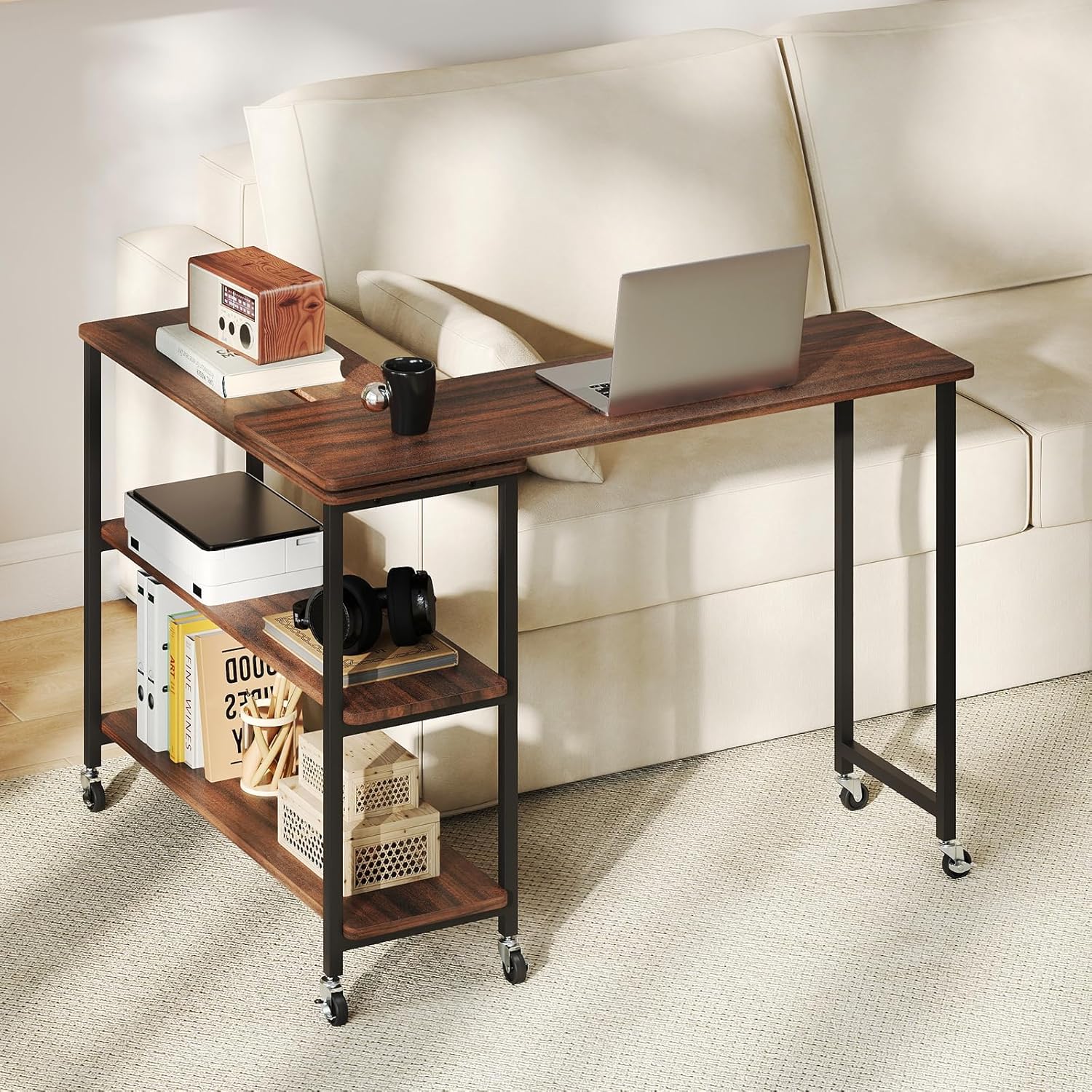 Desk Setup Laptop - 360 ° โต๊ะข้างหมุนได้ 2 ชั้น พร้อมล้อเลื่อน