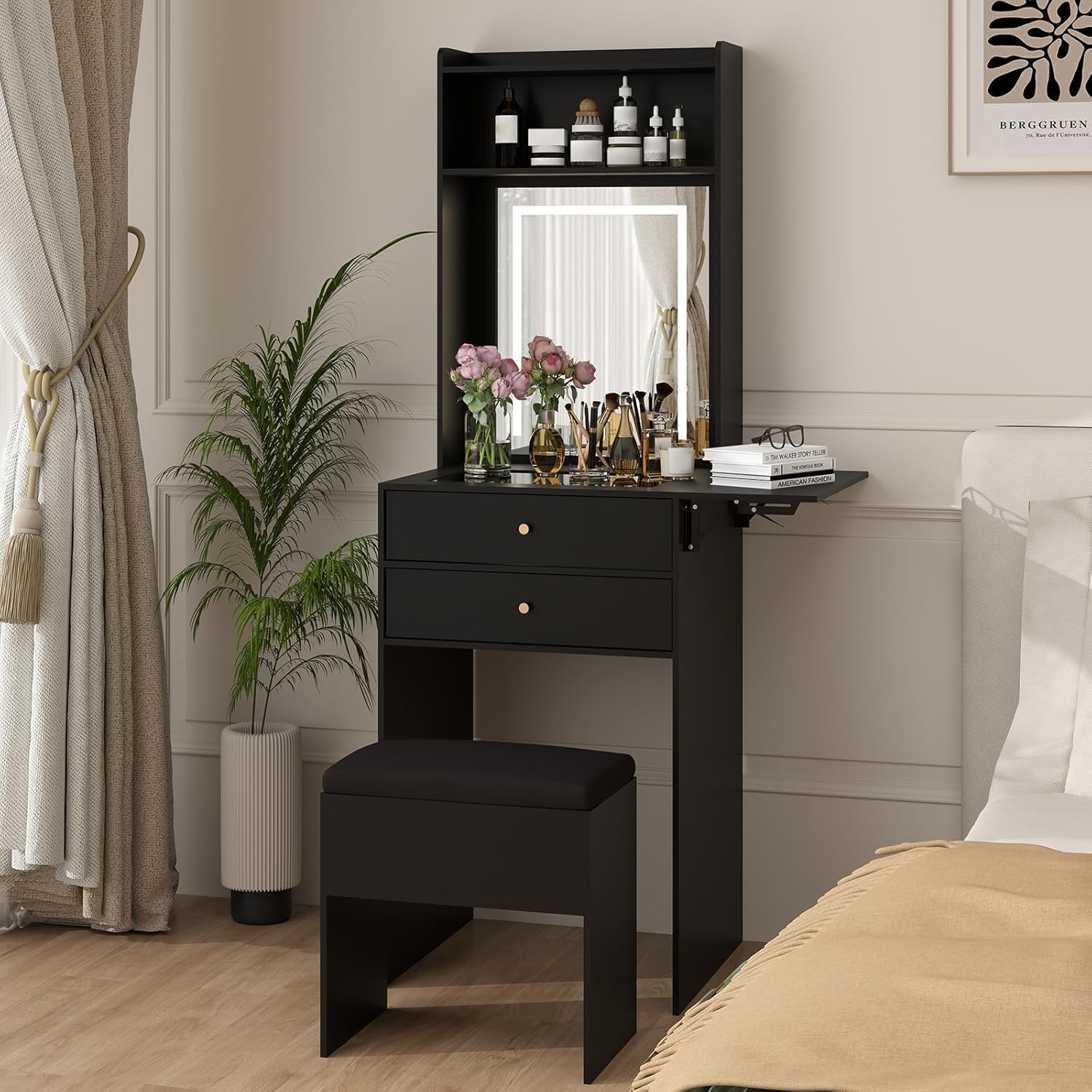 Desk Setup Black And Wood - ชุดโต๊ะเครื่องแป้งสีดำขนาดเล็กสำหรับห้องนอน พร้อมกระจกไฟปรับได้ 3 ระดับ เก้าอี้เก็บของ และแผงพับได้สำหรับพื้นที่ขนาดเล็ก