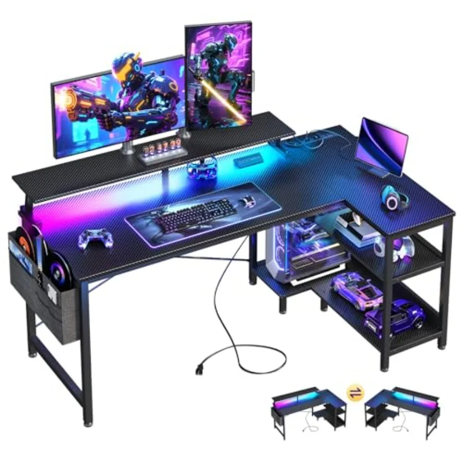 Desk Setup Black And Wood - โต๊ะทำงานรูปตัวแอลสำหรับเล่นเกม พร้อมไฟ LED และช่องเสียบปลั๊กไฟ เหมาะสำหรับจัดตั้งพื้นที่ทำงานที่บ้าน โครงเหล็กสีดำ