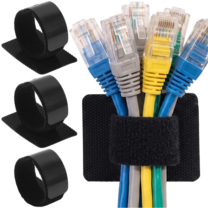 Cable Velcro Strap - ชุดจัดเก็บสายเคเบิลแบบติดเอง สายรัดไนลอนแบบเวลโคร ฐานยึดรูปสี่เหลี่ยม สายรัดยาวสำหรับจัดระเบียบสายไฟใต้โต๊ะ ผนัง คอมพิวเตอร์