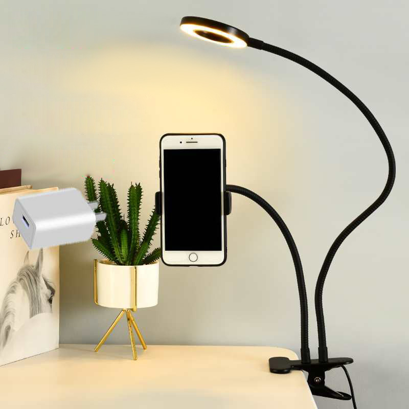 Desk Setup Modern - ที่วางโทรศัพท์มือถือแบบยืดหยุ่นสากลพร้อมไฟวงแหวนเซลฟี่สํานักงาน Lazy Bracket โคมไฟตั้งโต๊ะไฟ LED สําหรับไฟเติมสตรีมสด