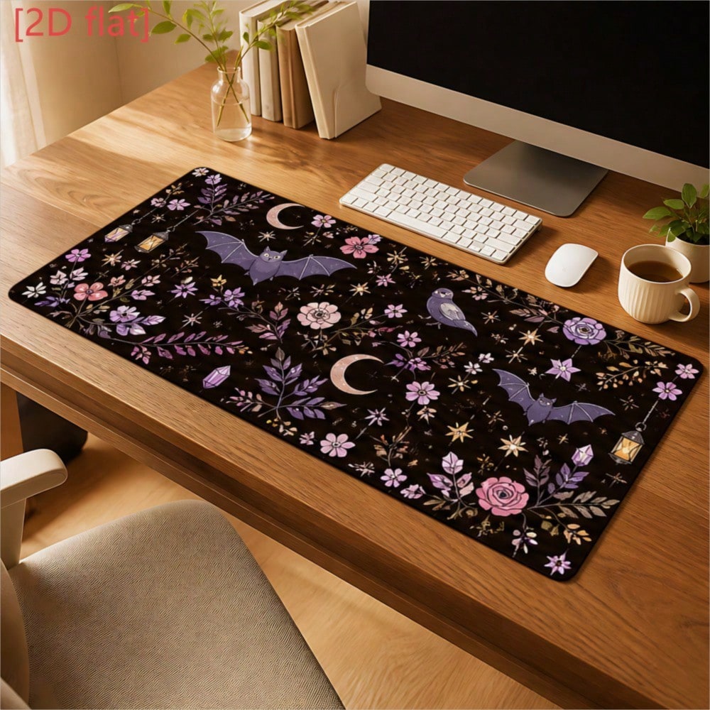 Desk Setup Study - แผ่นรองเมาส์ 2D แบบแบน 1 ชิ้น สีม่วงลายค้างคาวและดวงจันทร์