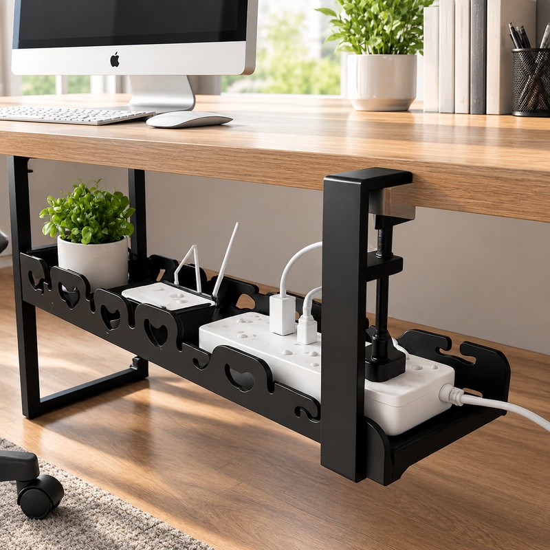 Desk Setup Living Room - ชั้นวางจัดเก็บสายไฟสำหรับโต๊ะทำงาน พร้อมถาดโลหะ ช่วยจัดระเบียบสายไฟใต้โต๊ะ เพื่อให้บ้านและสำนักงานเป็นระเบียบเรียบร้อย ไม่ต้องเจาะ
