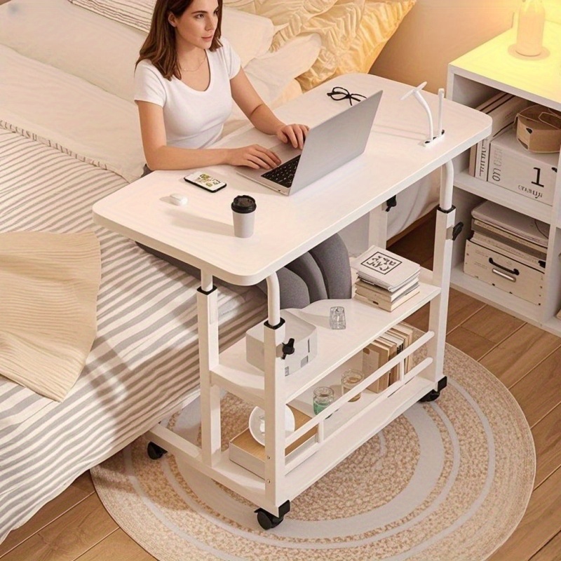 Desk Setup Modern - โต๊ะพับอเนกประสงค์พร้อมล้อ ปรับความสูงได้ และมีชั้นวางของ - เหมาะสำหรับห้องนอน ห้องนั่งเล่น