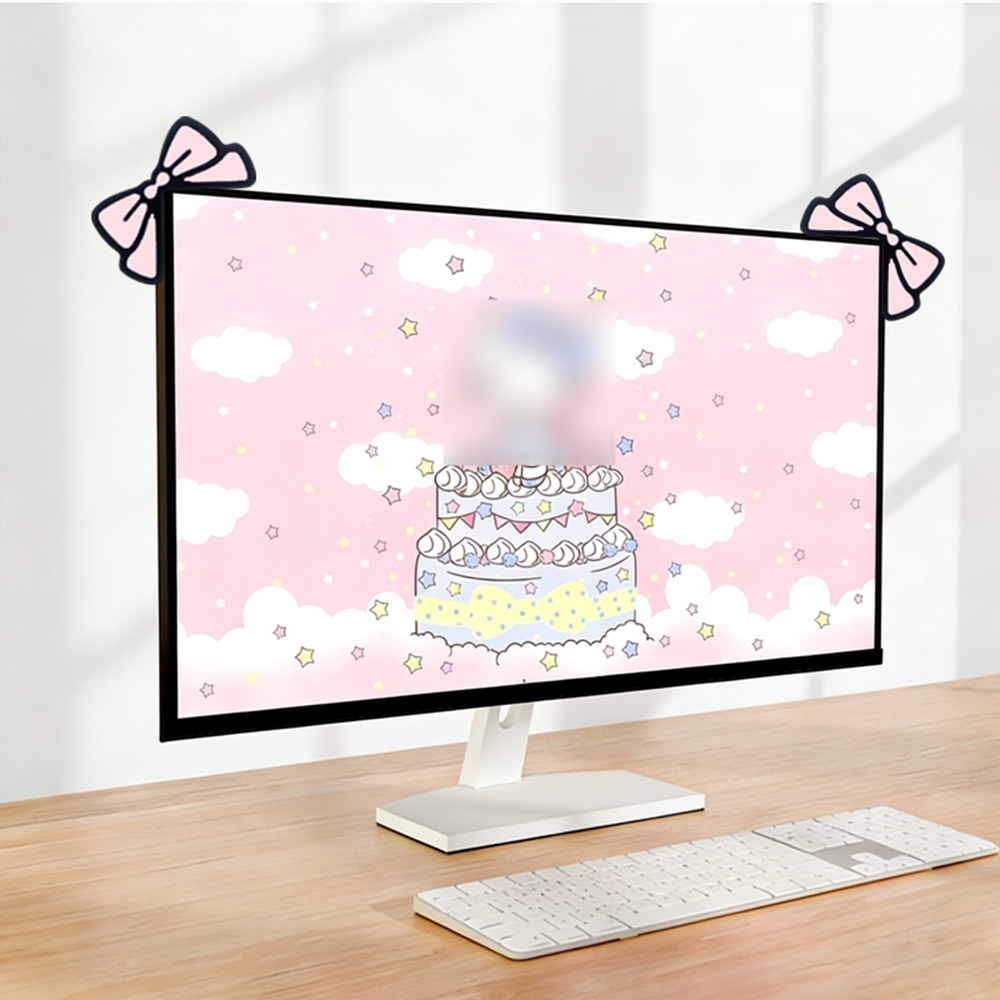 Desk Setup Monitor And Laptop - ของตกแต่งหน้าจอสีชมพูน่ารัก โบว์คาวาอี้ ของประดับบนหน้าจอ ของตกแต่งโต๊ะสวยงาม สำหรับตกแต่งชุดเกมมิ่ง ของตกแต่งแล็ปท็อปสไตล์สาวหวาน