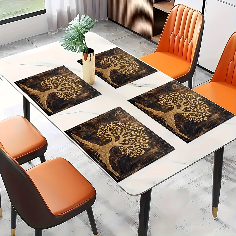 Desk Setup Modern - ชุดแผ่นรองจานลายต้นไม้แห่งชีวิตสีทองลายไม้สีเข้มสไตล์วินเทจ สำหรับตกแต่งโต๊ะอาหารสุดหรูทันสมัย 4 ชิ้น 6 ชิ้น