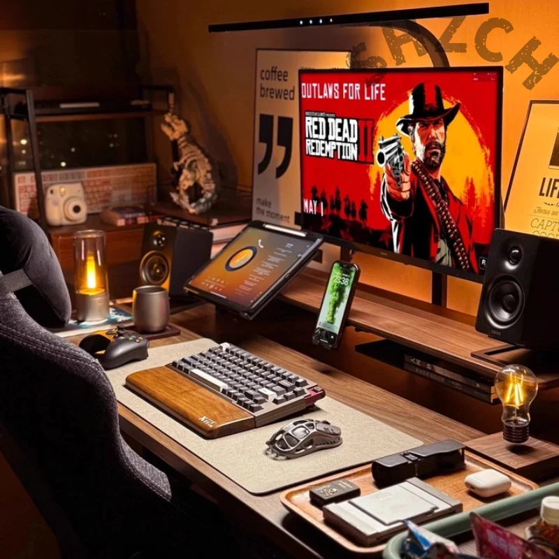 Desk Setup Monitor And Laptop - ขาตั้งจอภาพแบบโมดูลาร์ไม้วอลนัทสำหรับการจัดโต๊ะทำงานตามหลักสรีรศาสตร์ – ขาตั้งปรับระดับความสูงสำหรับแล็ปท็อปและหน้าจอ เหมาะสำหรับสำนักงานหรือการเล่นเกม