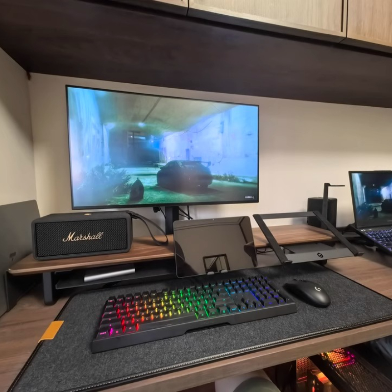 Desk Setup Monitor And Laptop - ขาตั้งจอภาพแบบแยกส่วน ที่วางอุปกรณ์จัดระเบียบโต๊ะทำงานตามหลักสรีรศาสตร์ สีดำ อุปกรณ์เสริมสำหรับการตั้งค่าเกม ชั้นวางเก็บของสำหรับจอคอมพิวเตอร์