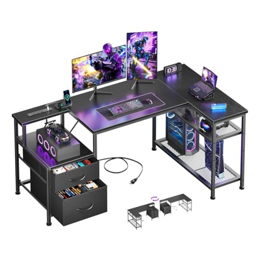 Desk Setup Black And Wood - โต๊ะเกมมิ่งรูปตัวแอล ขนาด 49 นิ้ว พร้อมช่องเสียบปลั๊กไฟ สีดำ