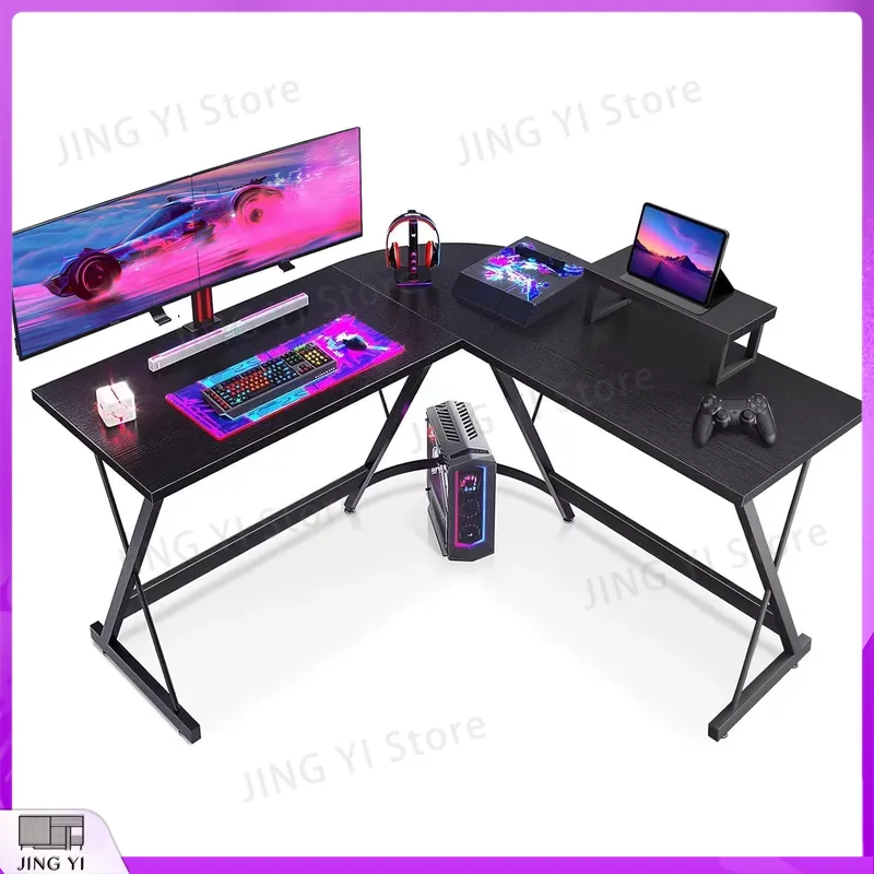 Desk Setup Black And Wood - โต๊ะเล่นเกมรูปตัว L พร้อมขาตั้งจอภาพ 127x127x75 ซม. โต๊ะคอมพิวเตอร์สำหรับการตั้งค่าเกม