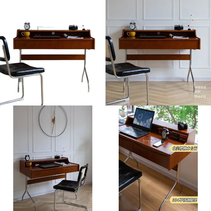 Desk Setup Study - โต๊ะทำงานไม้จริงสไตล์เรโทร ขนาดกะทัดรัด สำหรับอพาร์ตเมนต์ขนาดเล็ก โฮมออฟฟิศ ห้องอ่านหนังสือ และการตั้งค่าเล่นเกม