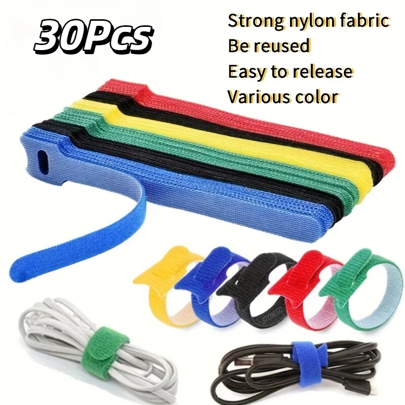 Cable Velcro Strap - สายรัดเคเบิลแบบใช้ซ้ำได้ 30 ชิ้น หลากสี สายรัดไนลอนแบบยึดติดเอง สายรัดจัดการสายไฟ