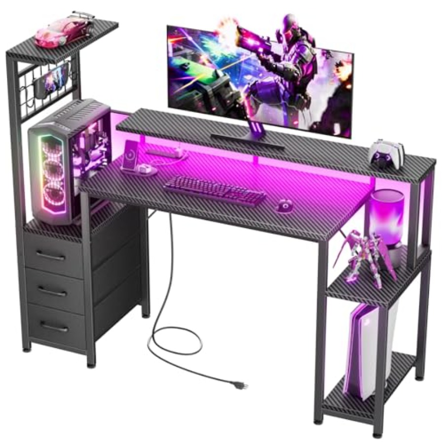 Desk Setup Black And Wood - โต๊ะเกมมิ่งขนาด 48 นิ้ว พร้อมช่องเสียบปลั๊กไฟและไฟ LED ลายคาร์บอนไฟเบอร์