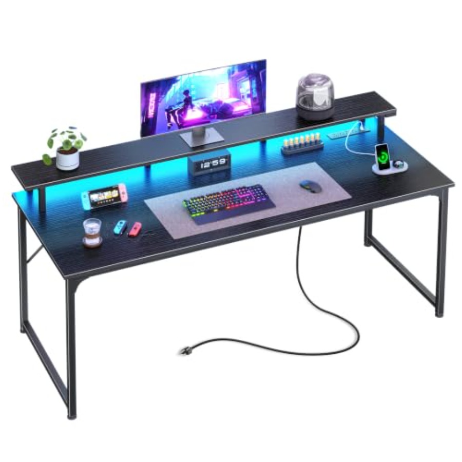 โต๊ะเกมมิ่งพร้อมไฟ LED และเต้า - Desk Setup Black And Wood บทวิจารณ์และราคา
