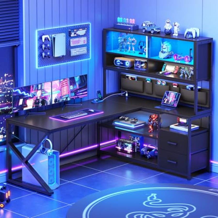 โต๊ะเกมมิ่งรูปตัวแอล พร้อมชั้น - Desk Setup Black And Wood บทวิจารณ์และราคา