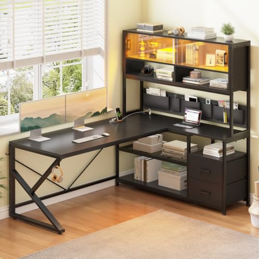 โต๊ะเกมมิ่งรูปตัวแอล พร้อมชั้น - Desk Setup Black And Wood บทวิจารณ์และราคา