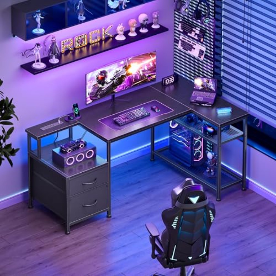 โต๊ะเกมมิ่งรูปตัวแอล ขนาด 49 น - Desk Setup Black And Wood บทวิจารณ์และราคา